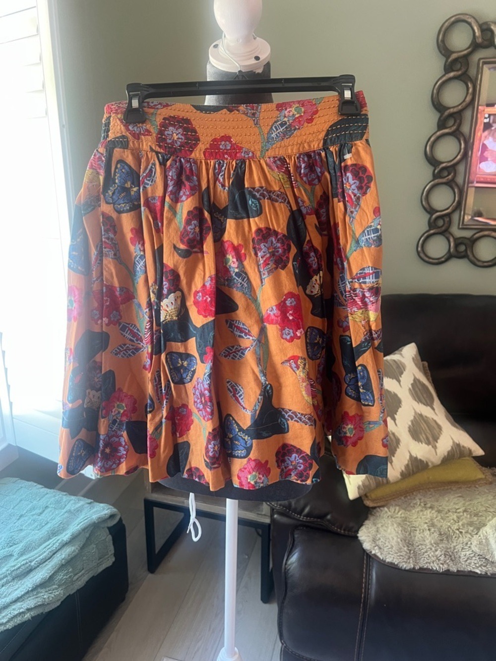 Nathalie du Pasquier Orange Floral A-Line Skirt with Navy Accents